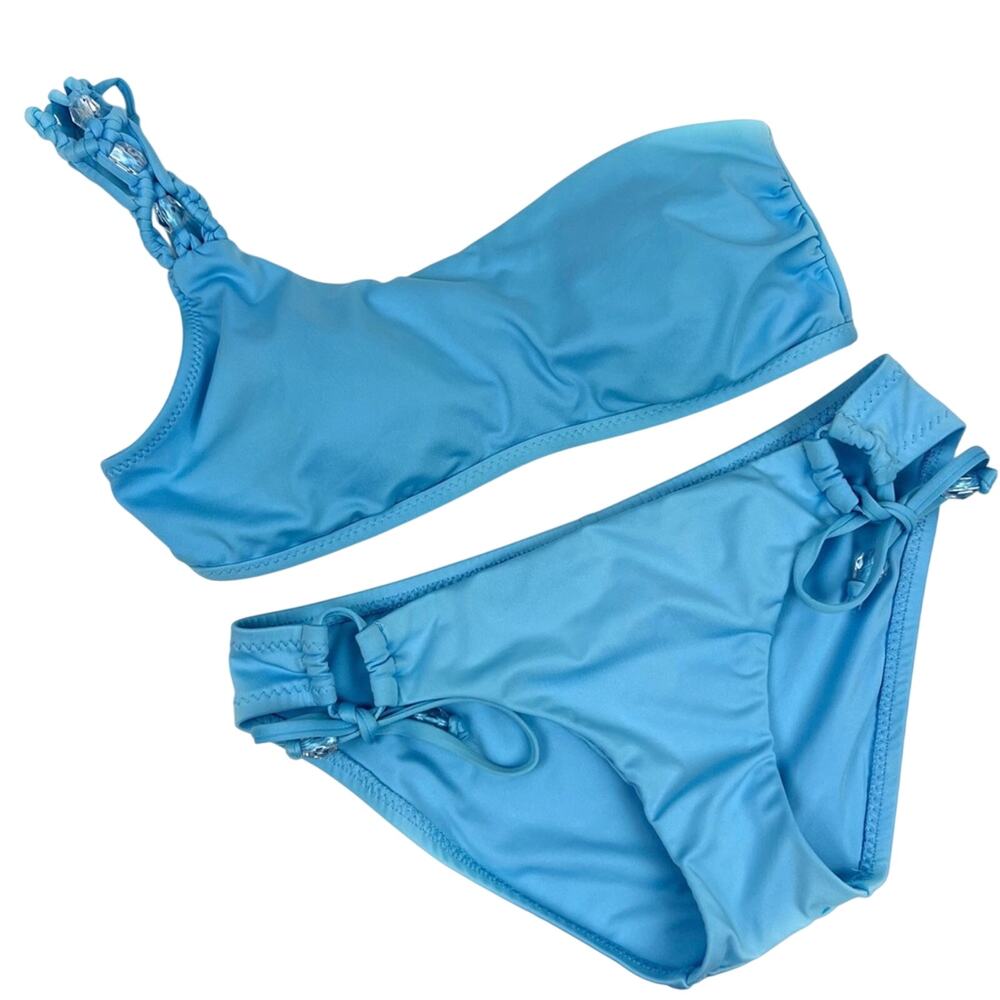 BECCA by Rebecca Virtue Blue One Shoulder Braided 2-Piece Bikini Set L/S Y2K
